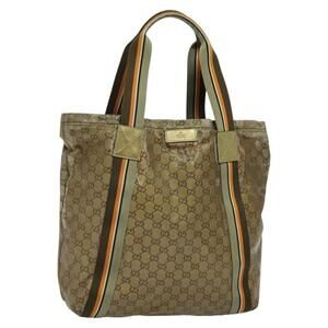 GUCCI GG Crystal Sherry Line Tote Bag Gold Gray Brown